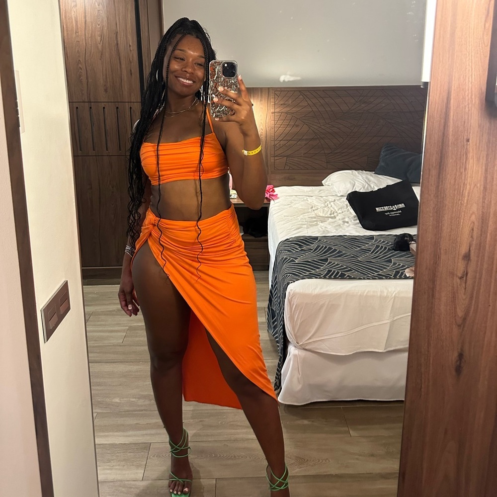 ORANGE RUCHED CROP CAMI TOP & TWIST FROMT WRAP SKIRT